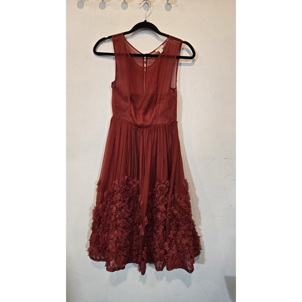 Tiny (Anthropologie Brand) Wine Red Sheer Silk Size 0 Dress With Rosette Detail